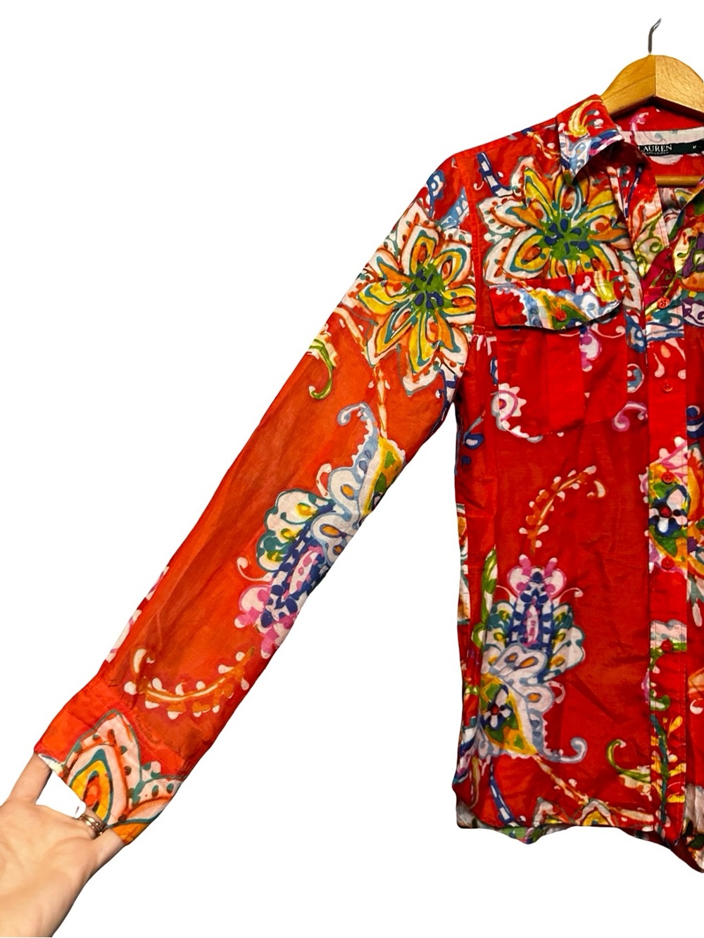 Lauren Ralph Lauren Cotton-Silk Voile Shirt Size Medium Orange Multi Floral - Picture 5 of 12